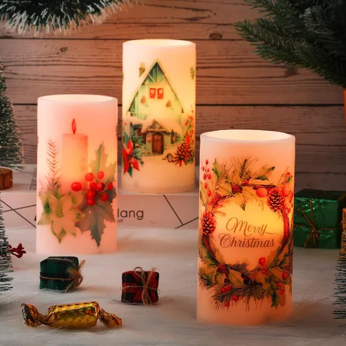 Vista 4 de Retisee 3 piezas de velas de Navidad sin llama estilo granja con control remoto, velas LED operadas a batería estilo rústico, decoración de Navidad