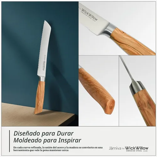 Vista 8 de WICKWILLOW Cuchillo de pan de doble dentado de 8 pulgadas, acero sueco, madera de olivo