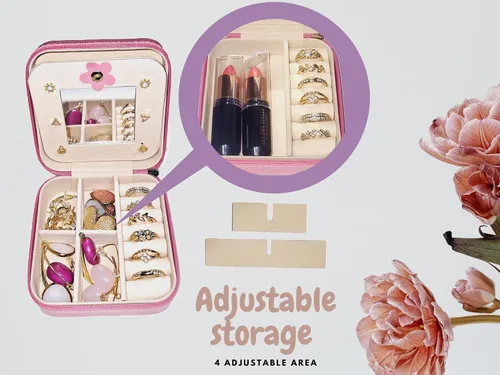 Vista 4 de Caja organizadora de viaje de joyería con espejo, joyero de viaje, joyero de viaje para niñas, artículos esenciales de vacaciones, accesorios