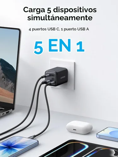Vista 2 de UGREEN Bloque de cargador USB C de 5 puertos de 45 W, PD/PPS/QC de carga rápida de 45 vatios, cargador GaN con 4 puertos USB C para iPhone 17/16/15