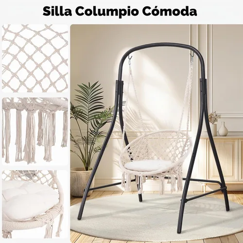 Vista 4 de SUNCREAT Silla Hamaca Colgante de Interior con Soporte, Silla Colgante de Exterior con Soporte, Capacidad de 400 libras, Beige Silla Beige