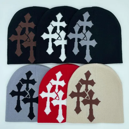 Vista 3 de Y2K Gorro de punto con gráficos cruzados para hombres y mujeres, jacquard, punk, color sólido, sombrero de tendencia para deportes al aire libre