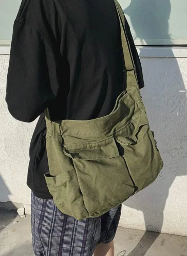 Vista 2 de Bolso bandolera grande con múltiples bolsillos de lona para mujeres y hombres