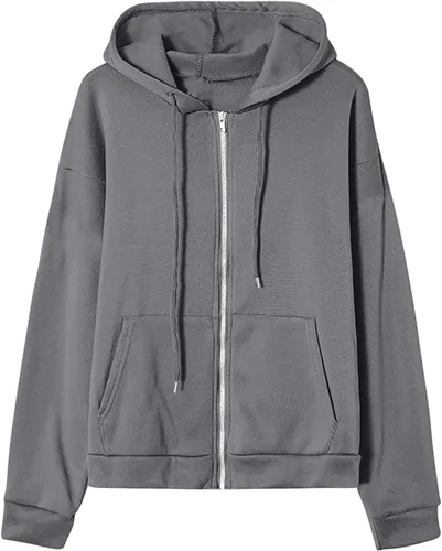 Vista 4 de Sudaderas con capucha con cremallera para mujer, abrigos casuales de gran tamaño, ajuste holgado, con cordón, chaquetas de color sólido para otoño