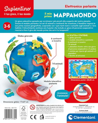 Vista 3 de Clementoni Sapientino 17730 - Mi primer mapa del mundo, juego educativo interactivo para niños de 3 a 6 años, para descubrir animales y continentes