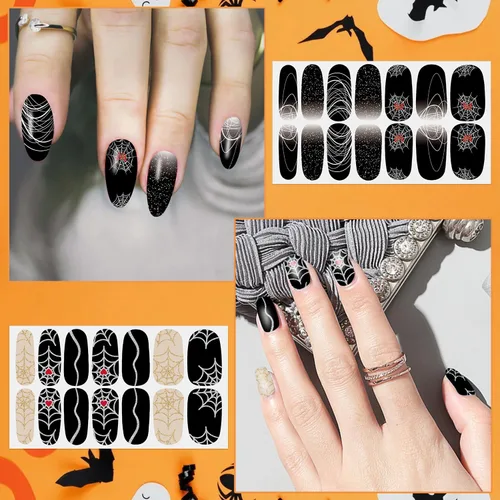 Vista 3 de 8 hojas de calcomanías de esmalte de uñas de Halloween, calcomanías de esmalte de uñas para festivales, tiras de esmalte de uñas para mujeres