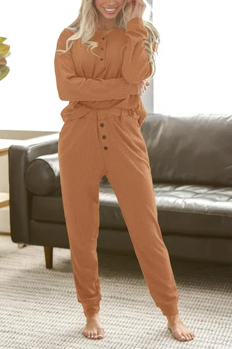 Vista 8 de PRETTYGARDEN Conjunto de 2 piezas para mujer, de punto gofre, camiseta Henley de manga larga y pantalones deportivos