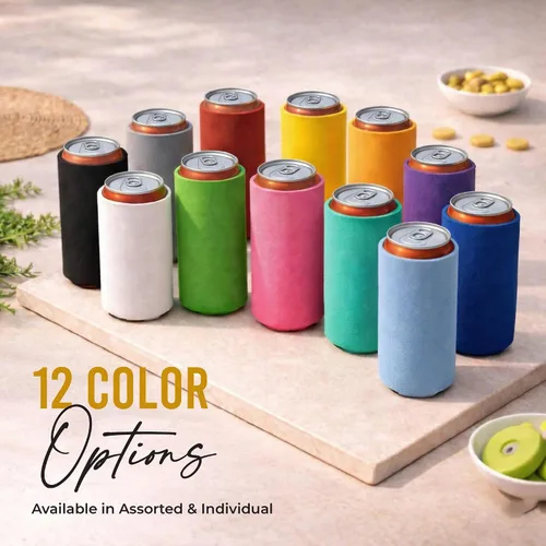 Vista 7 de Paquete de 12 fundas delgadas para enfriar latas, aislantes plegables de neopreno en blanco de 12 onzas, enfriadores de bebidas delgados para Surtido
