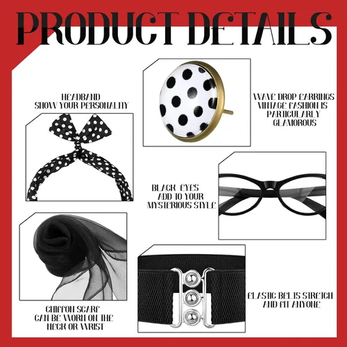 Vista 5 de Newcotte 7 piezas de accesorios de disfraz de los años 50 para mujer, bufanda, lunares, ojo de gato, bandana, diadema, aretes, guantes, cintura