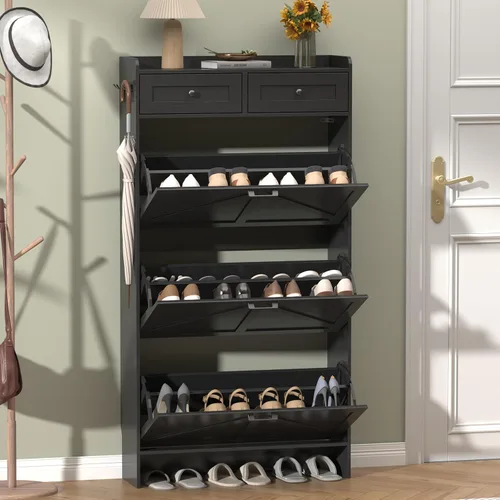 Vista 26 de Thacuok Gabinete de zapatos negro con 2 cajones abatibles y 2 cajones de almacenamiento, armario organizador de zapatos estrecho rústico de granja