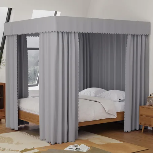 Vista 7 de Cortinas de cama con dosel negro con 4 postes de esquina, cortina