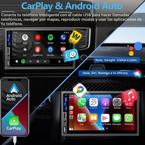 Vista 2 de Estéreo de coche de doble DIN compatible con Apple CarPlay y Android Auto - Receptores de audio de coche con pantalla táctil HD de 7 pulgadas
