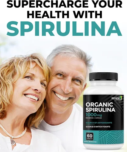 Vista 2 de Renew Actives Espirulina orgánica de 1000 mg por 2 cápsulas – Superalimento para hombres y mujeres – Apoya la energía, el bienestar y la función