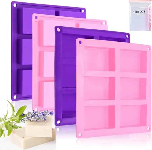 Vista 7 de Bangp Paquete de 4 moldes cuadrados para jabón, moldes de silicona antiadherentes de 6 cavidades, bandejas cuadradas para cubitos de hielo, moldes