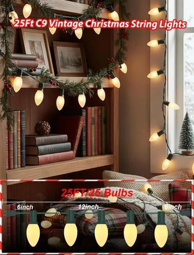 Vista 2 de Luces de Navidad blancas cálidas de 25 pies para exteriores, luces de Navidad blancas esmeriladas con 26 bombillas incandescentes (1 repuesto), luz