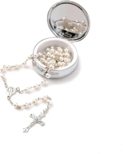 Vista 2 de YQZIYOU Cuentas de Rosario Católico - Regalos de Confirmación para Adolescente, Caja de Regalo de Metal Estilo Simple Plateado, Rosario de Perlas