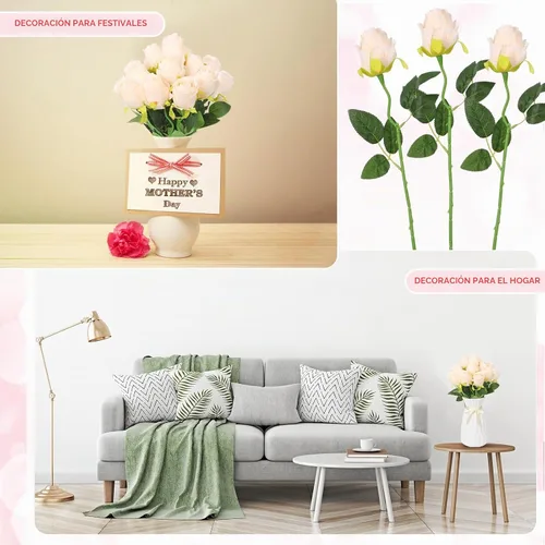 Vista 6 de Jexine 100 piezas de rosas artificiales a granel, ramo de rosas de seda falsas realistas de tallo largo para centros de mesa, jarrones, bodas, Beige