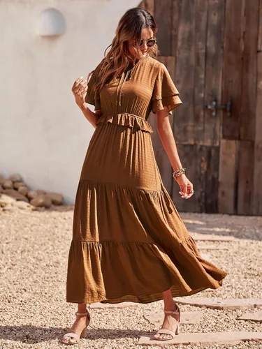 Vista 5 de PRETTYGARDEN Vestido maxi bohemio sin mangas con cuello cuadrado sin espalda de estilo Boho, vestido largo con dobladillo