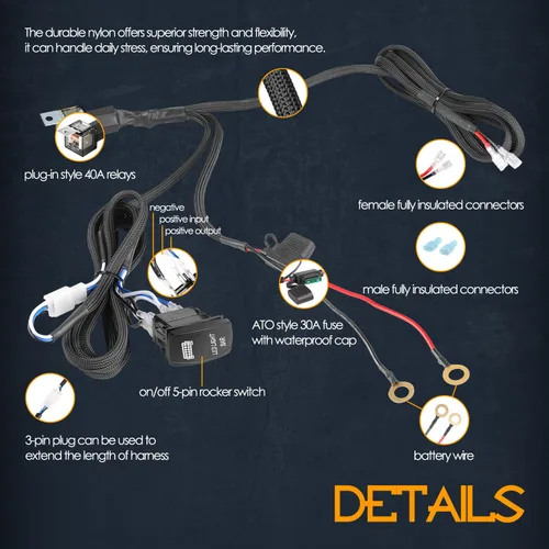 Vista 3 de Nirider - Arnés de cableado de 1 cable, relé de interruptor basculante de 12 V 40 A con fusible, kit de arnés de cableado de nailon para barras