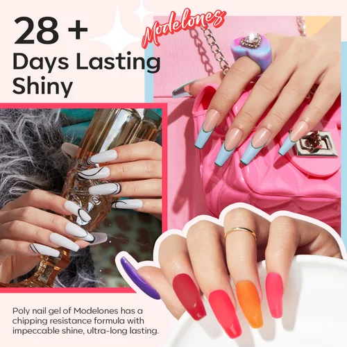 Vista 3 de Modelones Kit de uñas de polygel de 133 piezas, kit de gel para extensiones de uñas de 32 colores en primavera rosa pastel con lámpara de uñas, capa