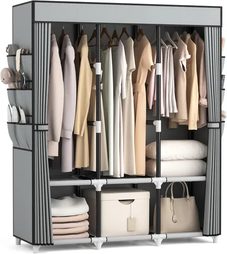 Vista 9 de VTRIN Armario portátil para colgar ropa con cubierta, 3 varillas colgantes, 6 estantes de almacenamiento y bolsillo lateral, Tubo de metal