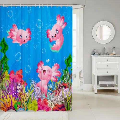 Vista 2 de Cortina de ducha con diseño de ajolote con diseño de dibujos animados, juego de cortina de ducha de baño para niños y adultos, cortina de baño