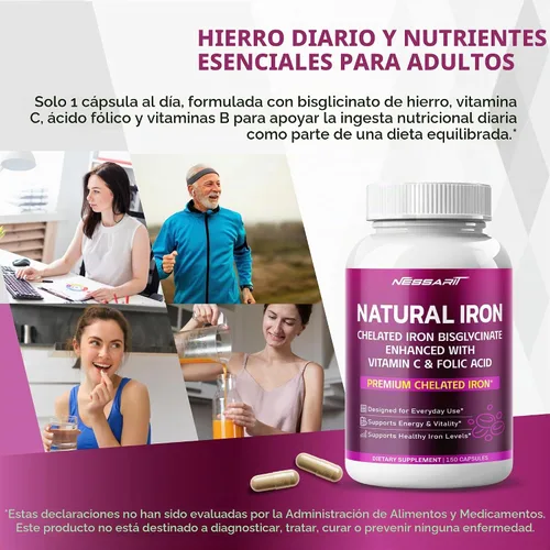 Vista 2 de Bisglicinato de hierro natural Nessarit 6 en 1 con vitamina C, 150 cápsulas