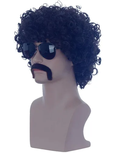 Vista 3 de Angelaicos Peluca afro Shaggy Disco de los años 70 para hombre, peluca corta y rizada negra y bigote (negro)