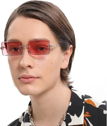 Vista 4 de LASPOR Gafas de sol rectangulares sin montura retro para mujeres y hombres lentes teñidas de metal dorado sin marco gafas cuadradas vintage
