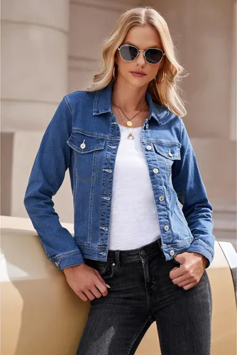 Vista 4 de luvamia - chaqueta de mezclilla, básica, de manga larga, ajustada, con botones, para mujer