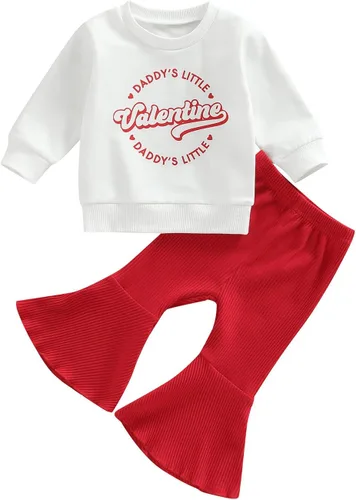 Vista 11 de Kayotuas Conjunto de sudadera de manga larga con estampado de corazón dulce y pantalones acampanados para bebés y niñas pequeñas Daddys Valentien