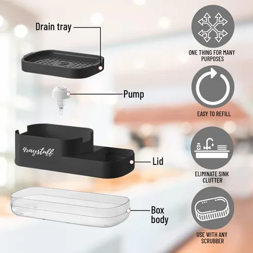 Vista 7 de Dispensador de jabón para platos para fregadero de cocina 2 en 1 con soporte para esponja. Dispensador de jabón líquido y esponja incluidos.