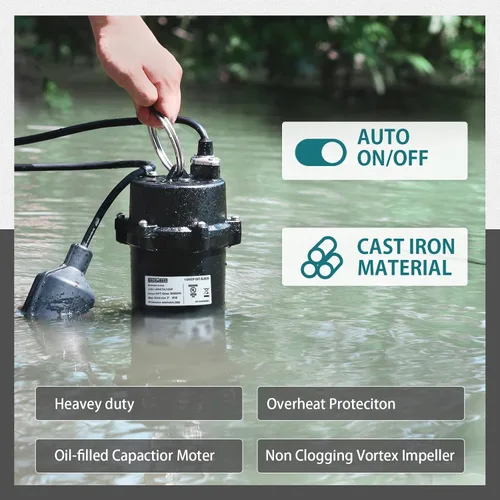 Vista 3 de WASSERMANN Bomba de aguas residuales de 1/2 HP con interruptor flotador automático, bomba sumergible de hierro fundido de 115V 5300 GPH, bomba