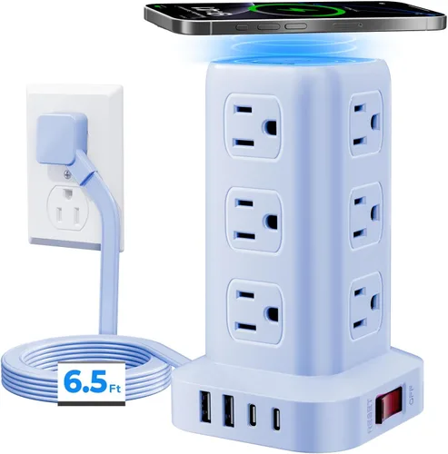 Vista 16 de Regleta de alimentación con 12 tomas, 4 USB (1 USB C), cable de extensión de 6.5 pies con múltiples tomas, estación de carga, torre de regleta