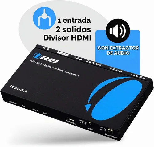 Vista 4 de OREI Divisor HDMI 1x2 2.0 con extractor de audio escalador, 2 puertos con Full Ultra HDCP 2.4K a 60Hz y 3D compatible con control EDID - UHDS-102A