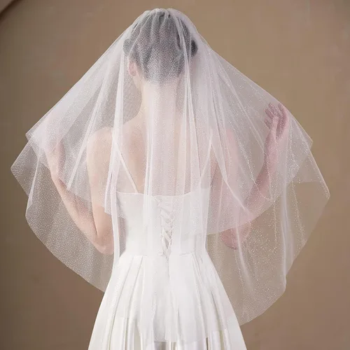 Vista 3 de EllieWely Velo de novia de tul con purpurina de 2 niveles F40