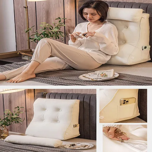 Vista 2 de Almohada de lectura triangular con cuña para cabecero y reposo de cama, cojín de apoyo para la espalda para leer, jugar, ver la televisión, con Beige