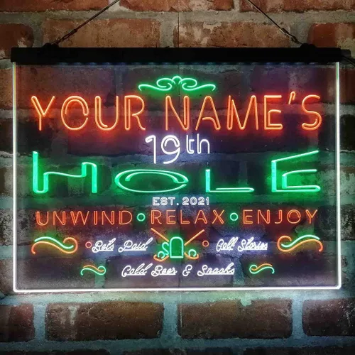 Vista 11 de Personalized 19th Hole Golf Club Tri-Color LED Neon Light Sign Customize Name Date Text Quote Font Green & Red & Yellow 13 x 8.7 Inches