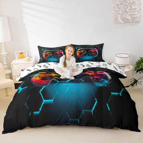 Vista 41 de Juego de funda de edredón con diseño de videojuegos para niños, tamaño individual, negro y azul a cuadros, juego de ropa de cama moderna