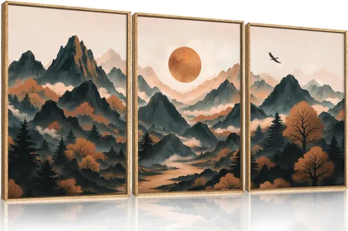 Vista 40 de Celestdeco Juego de arte de pared en lienzo abstracto y neutro grande con marco naranja, moderno y minimalista para pared, diseño geométrico bohemio