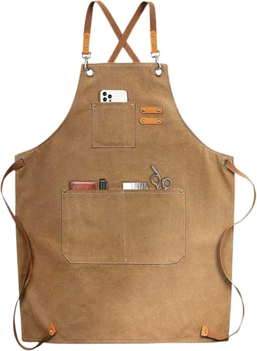 Vista 10 de LZMS Delantal de chef para hombres y mujeres, delantal de trabajo de lona con espalda cruzada con 3 bolsillos grandes, resistente al agua