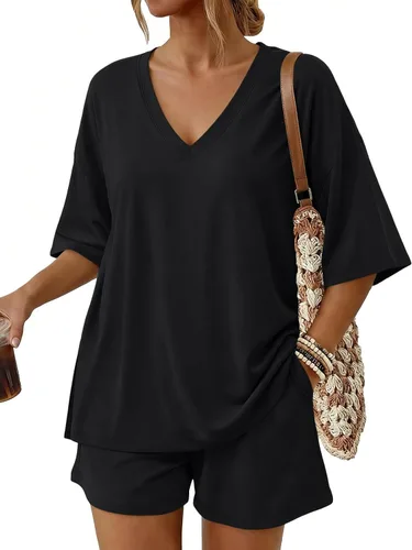 Vista 10 de Trendy Queen Conjunto corto de 2 piezas para mujer, conjuntos de descanso de verano 2026 rosa gris pardo