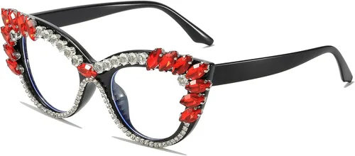 Vista 10 de LJCZKA Rhinestone Cat Eye Glasses Women Retro Diamond Bling Shiny Cateye Blue Light Blocking Glasses Computer Eyeglasses