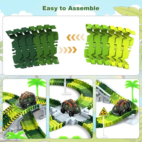 Vista 5 de Juguetes de dinosaurio para niños de 3 a 5 años, juego de pista de tren flexible que brilla en la oscuridad, 2 autos de dinosaurio para niños