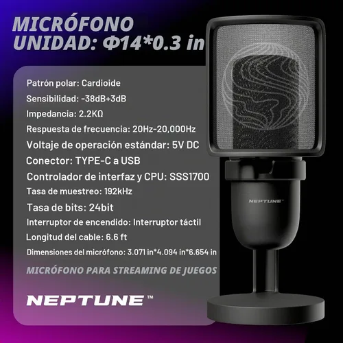 Vista 7 de Neptune Sonus - Micrófono para juegos Micrófono de transmisión con filtro pop para claridad vocal Micrófono de escritorio para transmisión, Negro