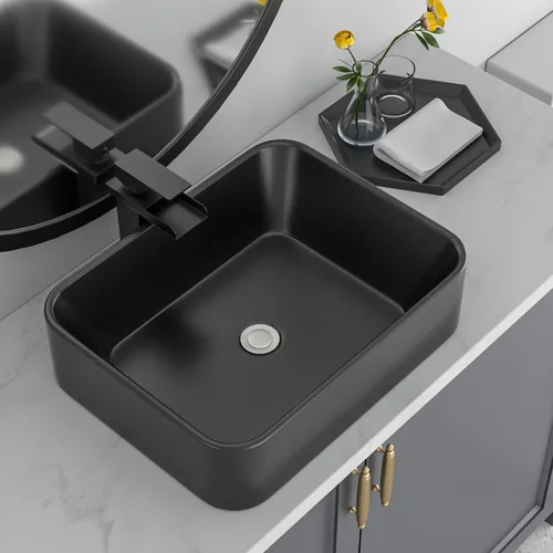 Vista 12 de Lavabo de baño negro de 16 x 12 pulgadas, lavabo de apoyo rectangular para baños, de cerámica, sobre mostrador, lavabo rectangular de baño, lavabo