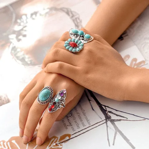 Vista 2 de Navoky Anillo de chakras, bohemio, vintage, de plata, tallado, nudillo, turquesa, piedra curativa, joyería de mano para mujeres y niñas