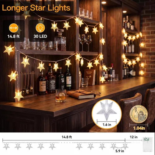 Vista 3 de ITICdecor Cadena de luces de estrellas 15 pies 30 luces LED de hadas, luces de Navidad a batería, luces parpadeantes para interiores y exteriores
