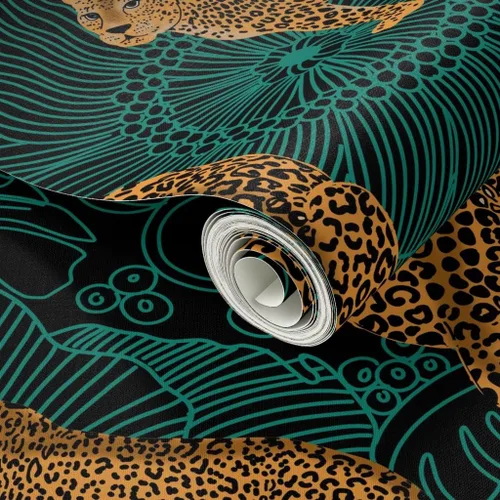 Vista 2 de Spoonflower Papel tapiz para despegar y pegar - Leopardo exótico selva negro verde animal África guepardo tigre papel tapiz extraíble personalizado