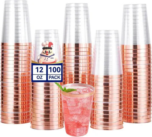 Vista 11 de JOLLY CHEF Paquete de 100 Vasos de Plástico Dorado, Tumblers de Plástico Transparente de 9 oz, Elegantes Vasos con Borde Dorado, Vasos Desechables